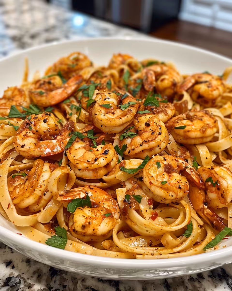Final plated Cajun shrimp pasta with garnish of fresh parsley