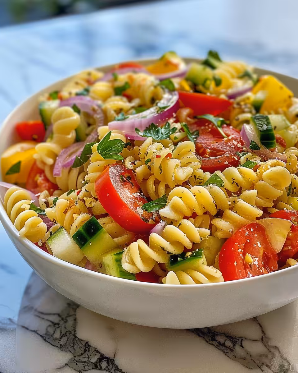 Final plated California pasta salad fresh and ready to enjoy