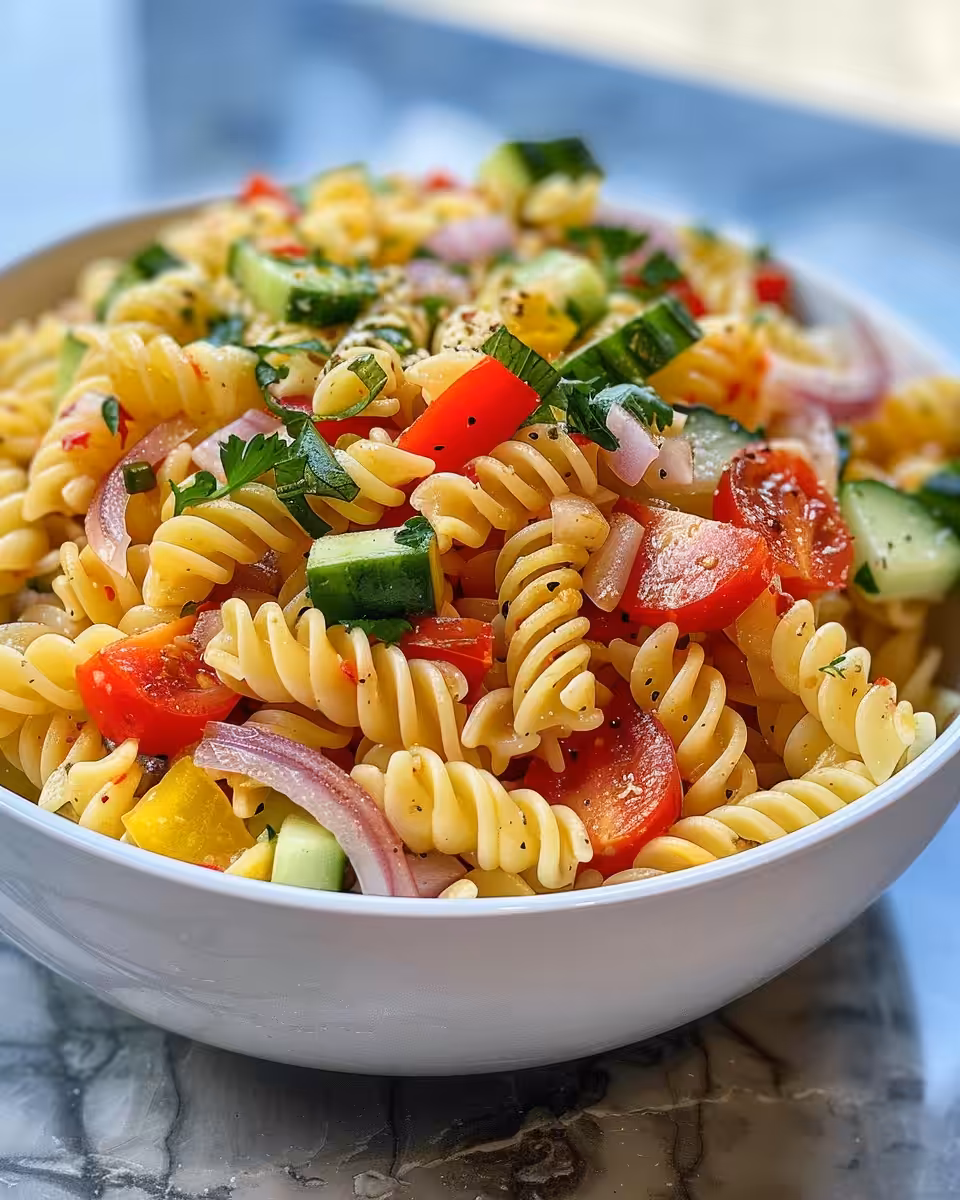 Close up of fresh California pasta salad in pressure cooker preparation stage