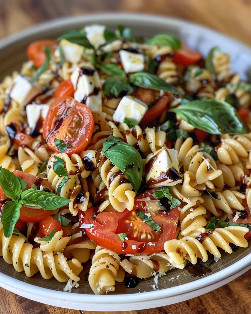 Ingredients for Caprese pasta salad including mozzarella, tomatoes, basil, and balsamic vinaigrette