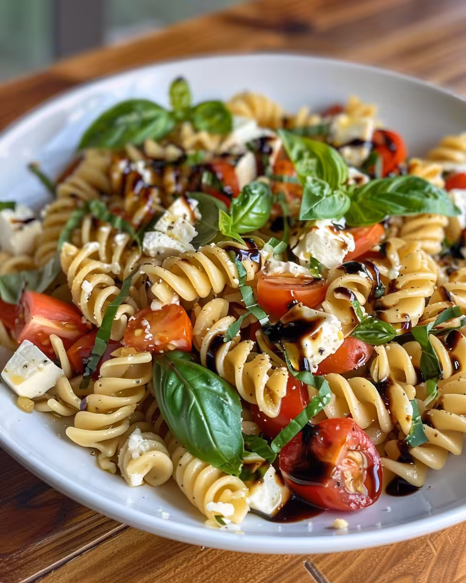 Tossing together Caprese pasta salad with balsamic vinaigrette