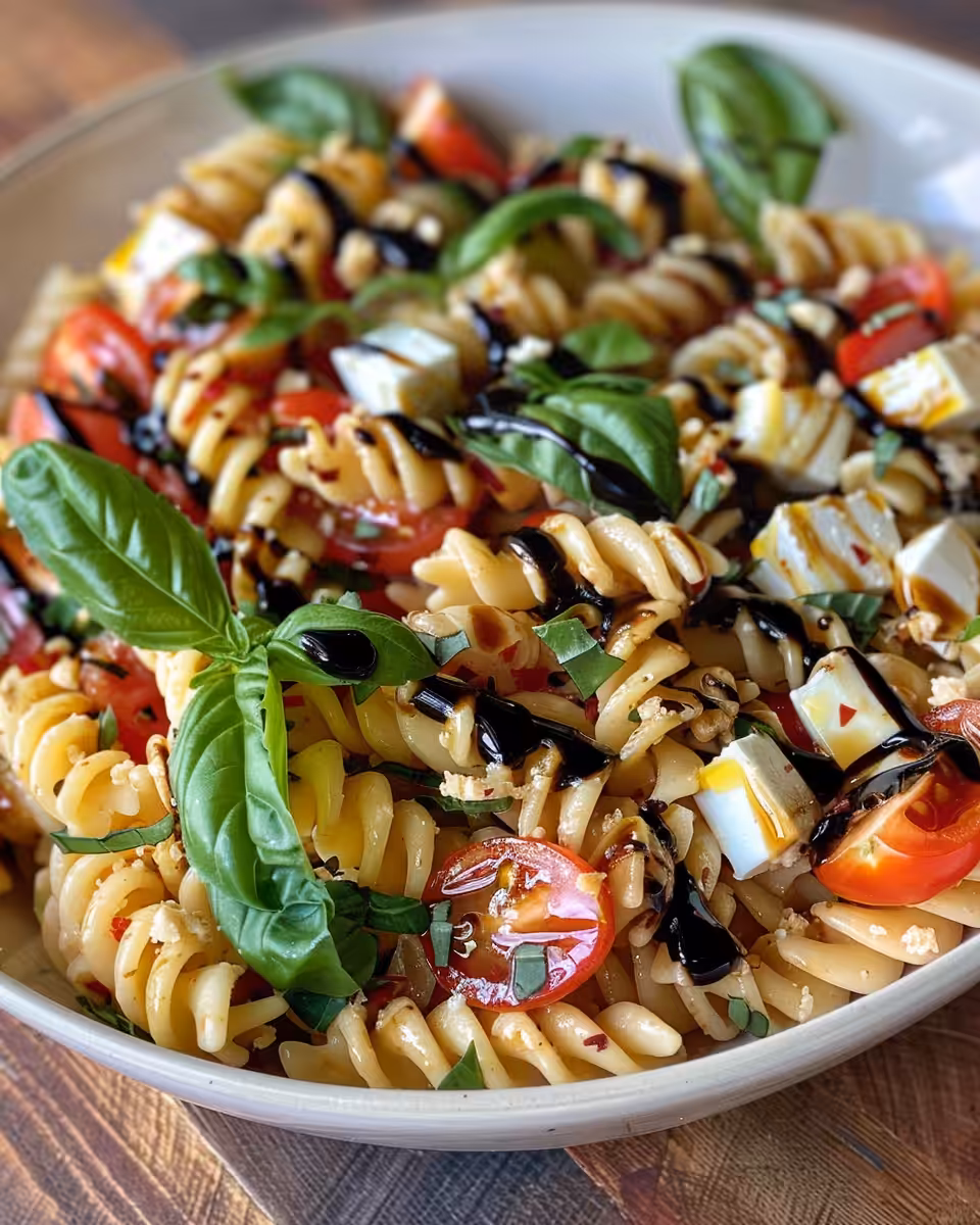 Caprese pasta salad with fresh mozzarella, tomatoes, and balsamic glaze in bowl