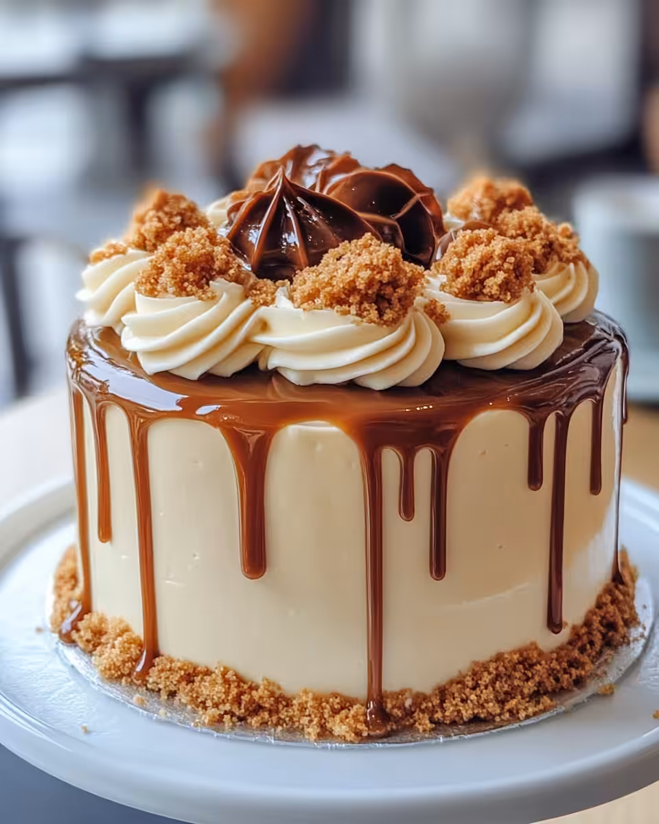 Slice of caramel and coconut cloud cake showing tender moist crumb