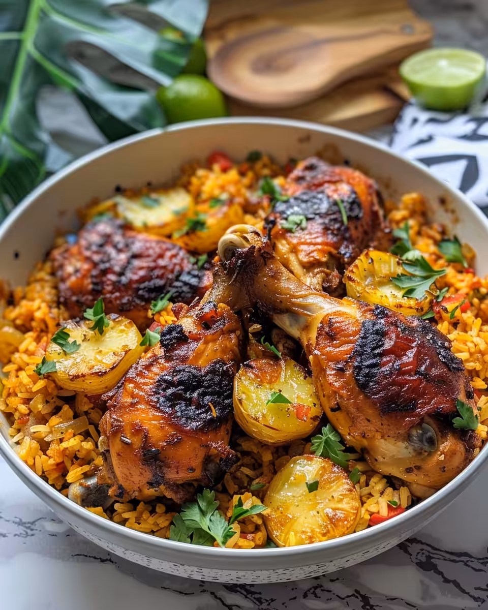 Pressure cooker ingredients for Caribbean chicken and rice including chicken, rice, and spices