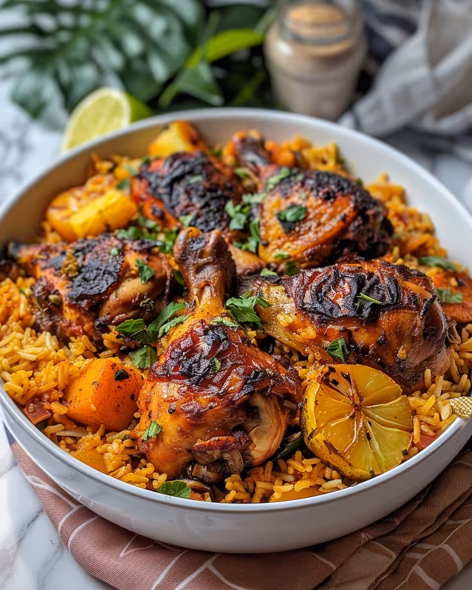 Plated Caribbean jerk chicken and rice served hot with fresh garnish