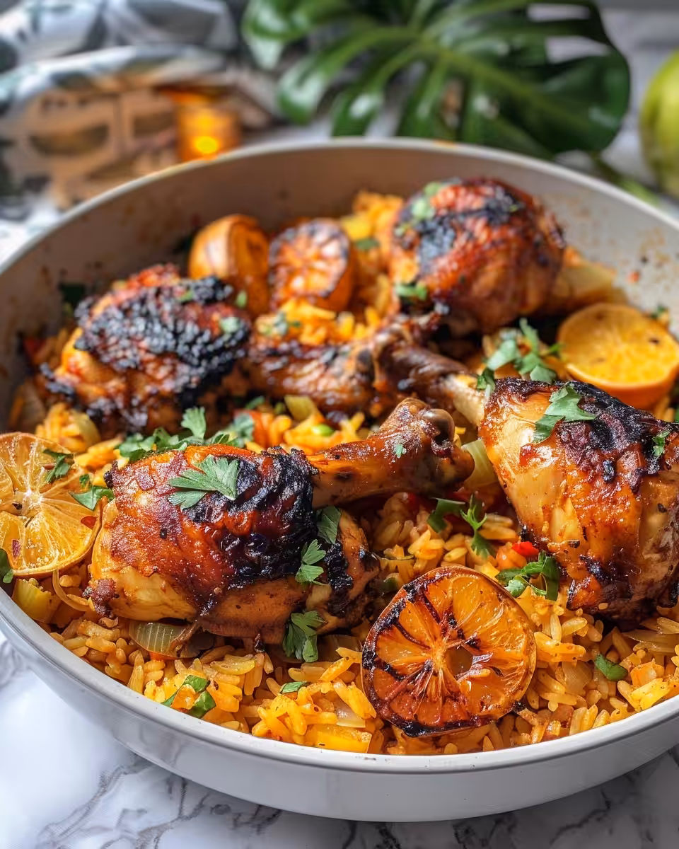 Juicy spicy jerk chicken cooking in pressure cooker with coconut rice
