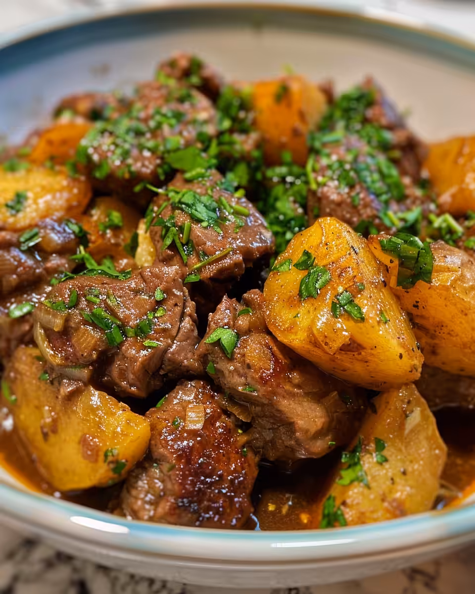 Finished carne con papas served hot in bowl with garnish