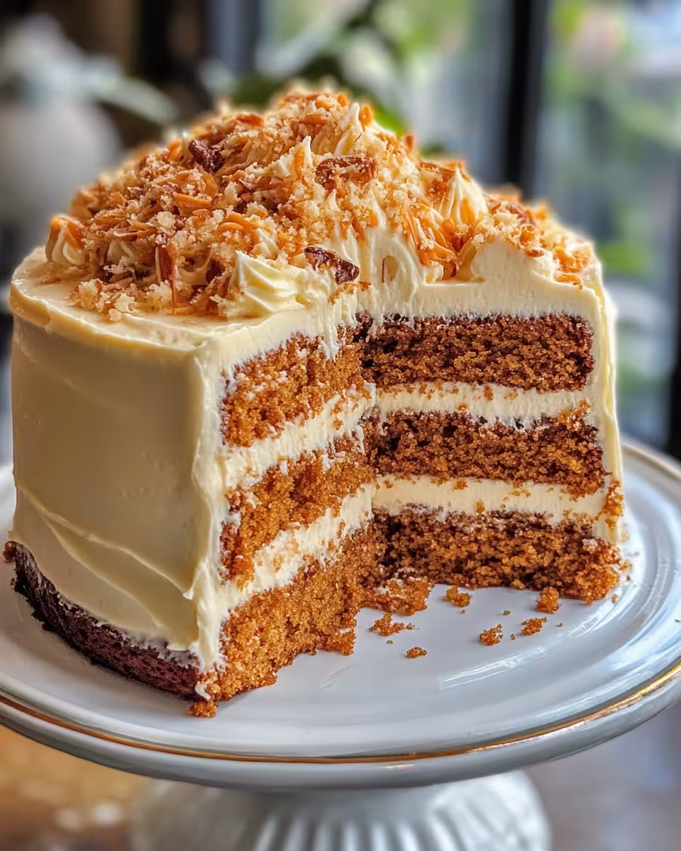 Cream cheese frosted carrot cake with nuts on top ready to serve