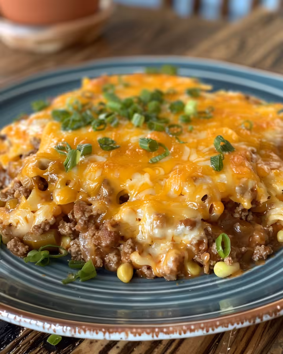 Ingredients displayed for cattle drive casserole including ground beef and veggies