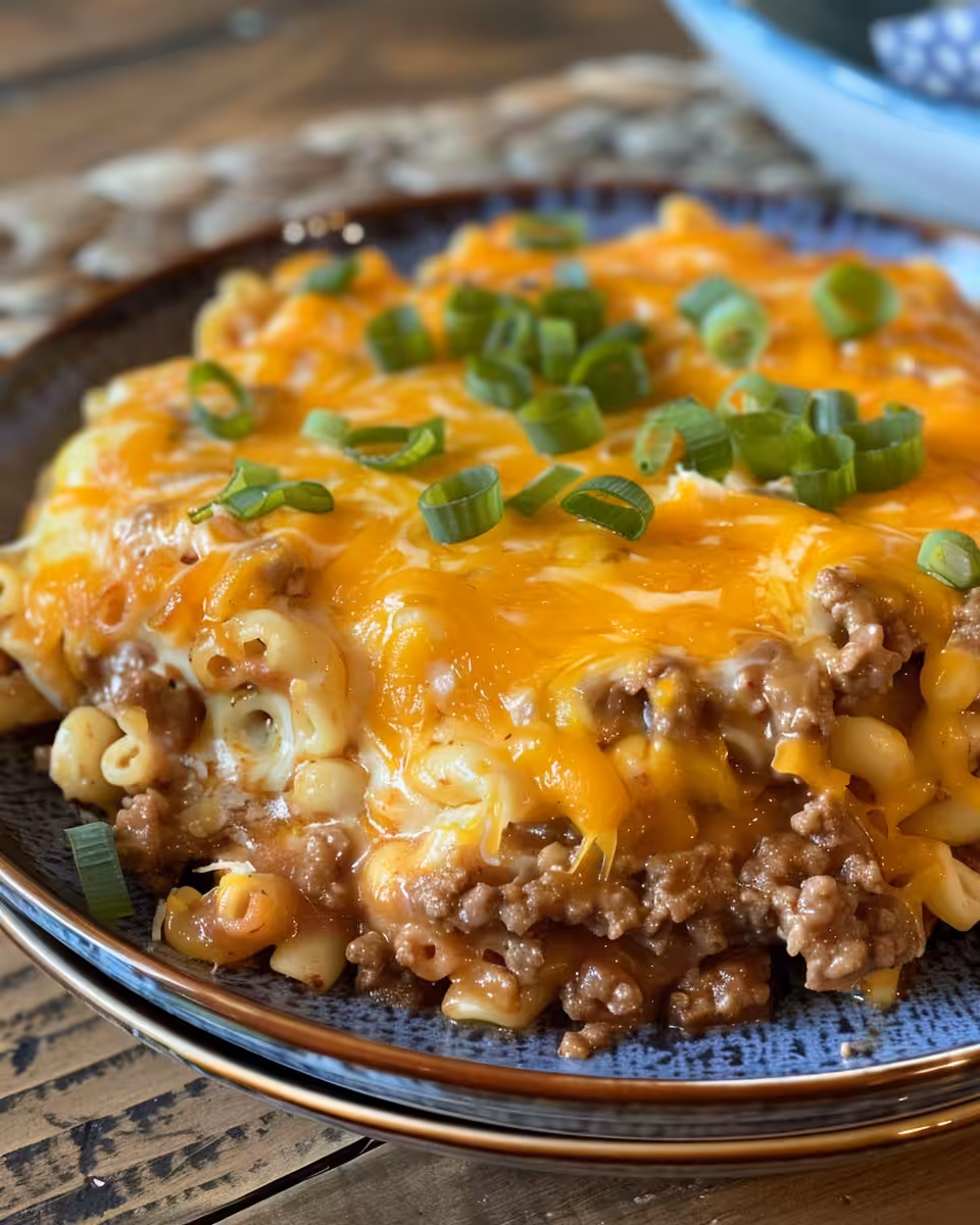 Final baked casserole showing melted cheese and biscuit topping