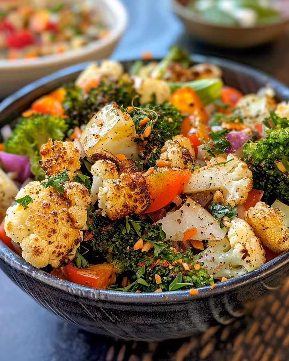 Ingredients for cauliflower broccoli salad arranged in bowls with dressing and toppings