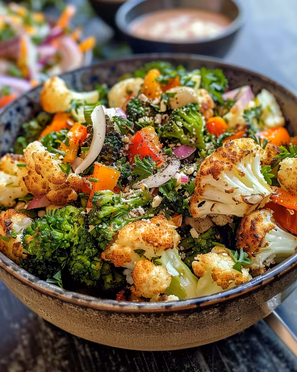 Freshly served cauliflower broccoli salad with bacon and toppings on plate