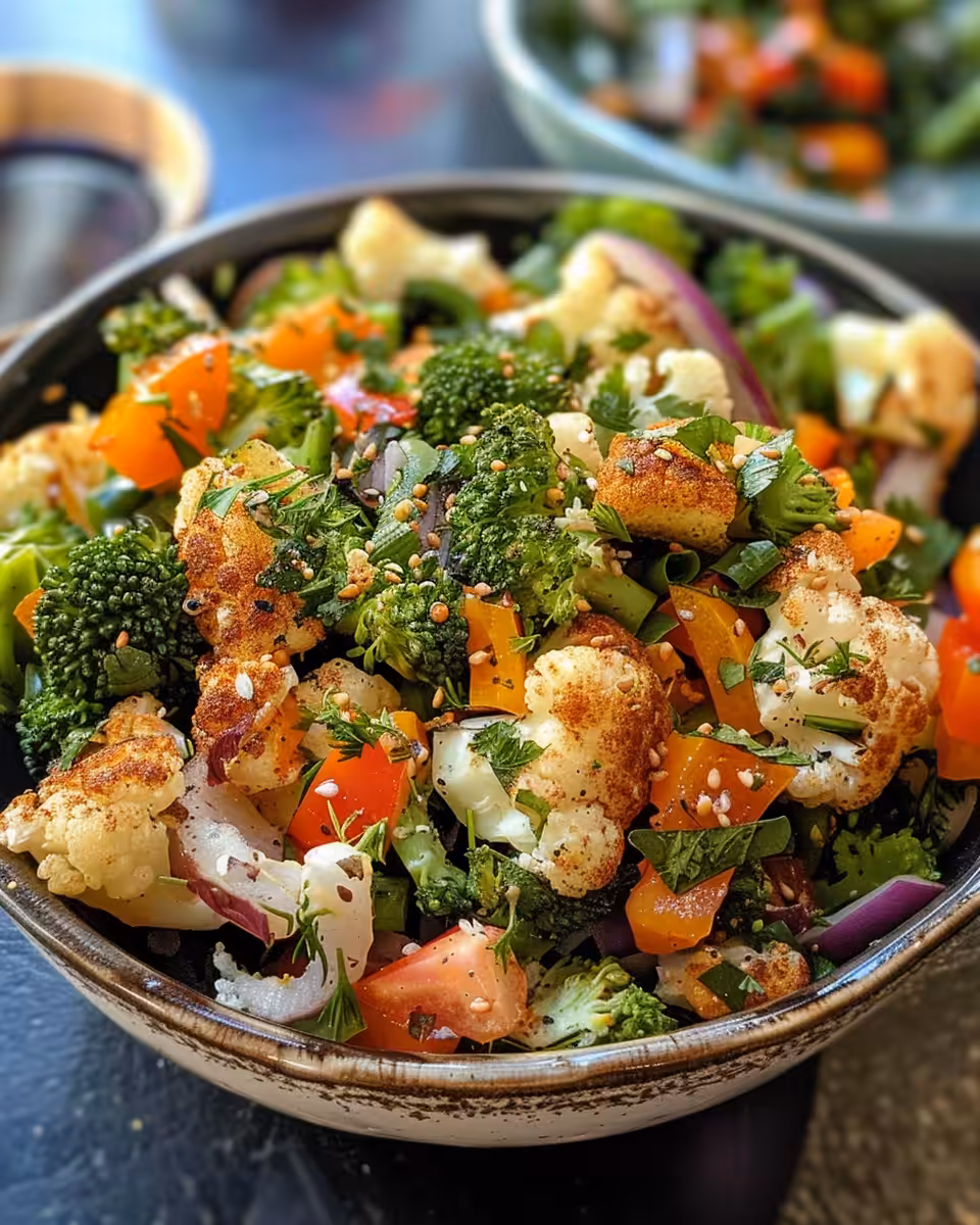 Fresh cauliflower and broccoli florets creating a colorful salad base