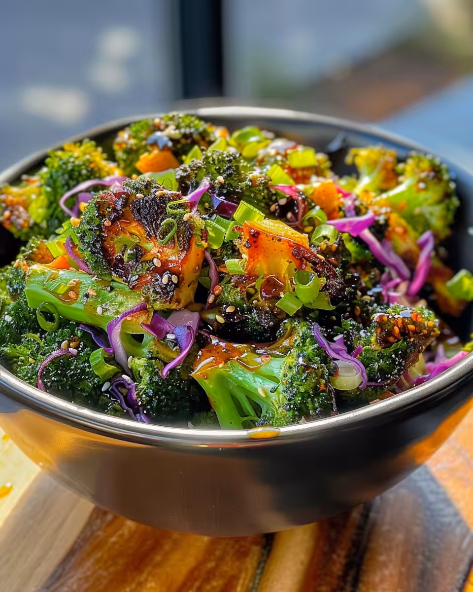 Final plated roasted broccoli bacon salad with hot honey mustard dressing