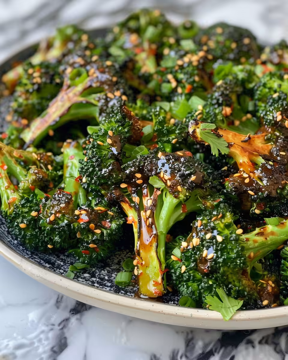Charred broccoli salad with hot honey dressing ready to serve