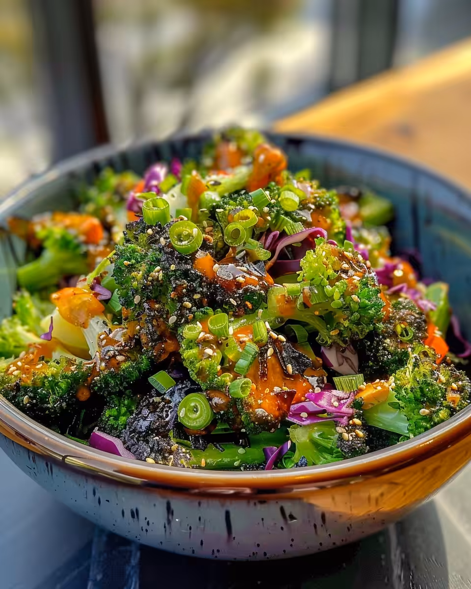 Charred broccoli bacon salad with hot honey mustard dressing in bowl