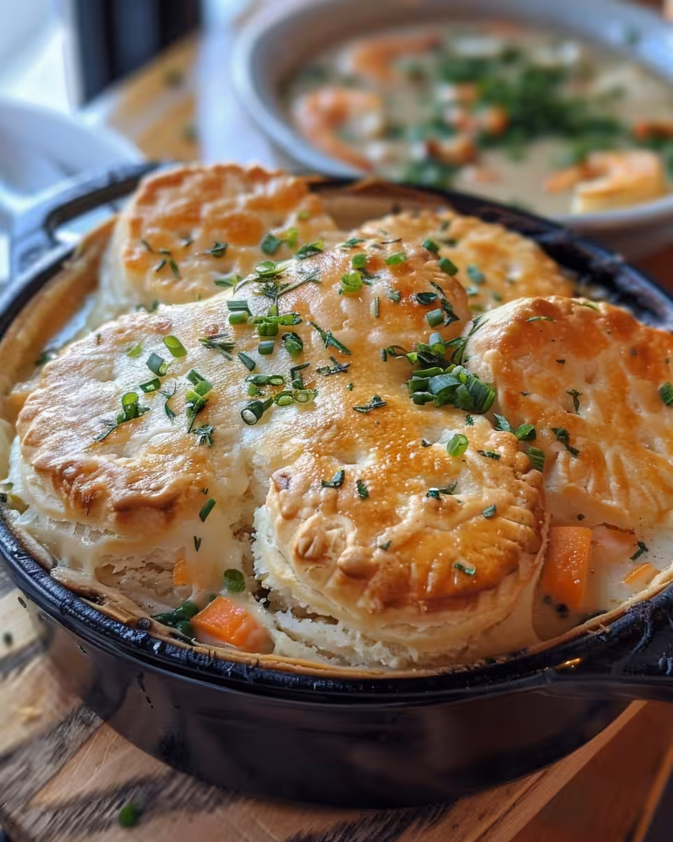 Ingredients ready for Cheddar Bay Biscuit Seafood Pot Pie in pressure cooker
