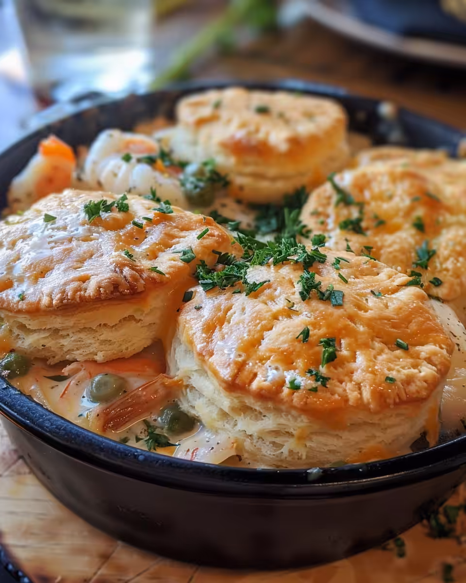 Finished Cheddar Bay Biscuit Seafood Pot Pie served with golden biscuits on top