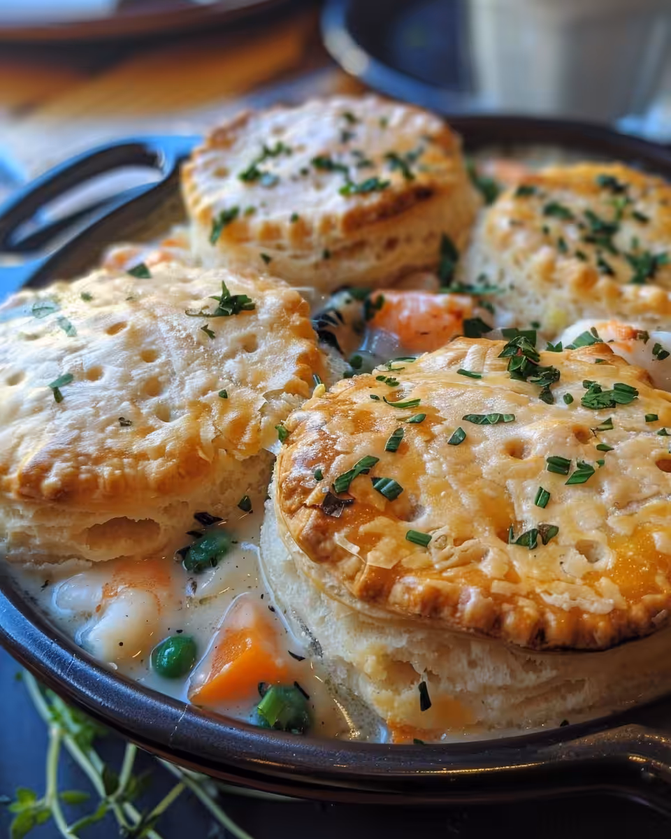 Cheddar Bay Biscuit Seafood Pot Pie cooking in pressure cooker with sealing ring and float valve