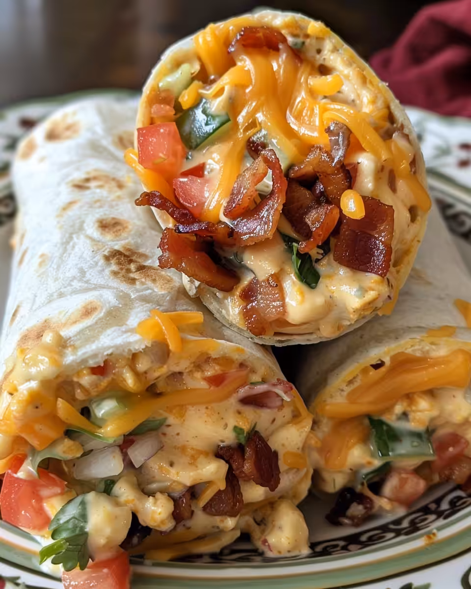 Key ingredients for cheesy bacon ranch wraps including crispy bacon and fresh vegetables