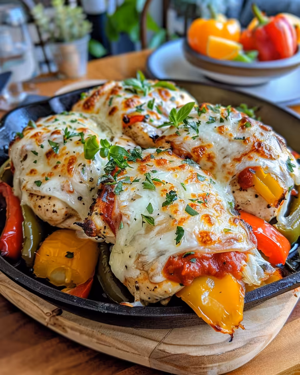 Final plated cheesy baked chicken and peppers casserole ready to serve