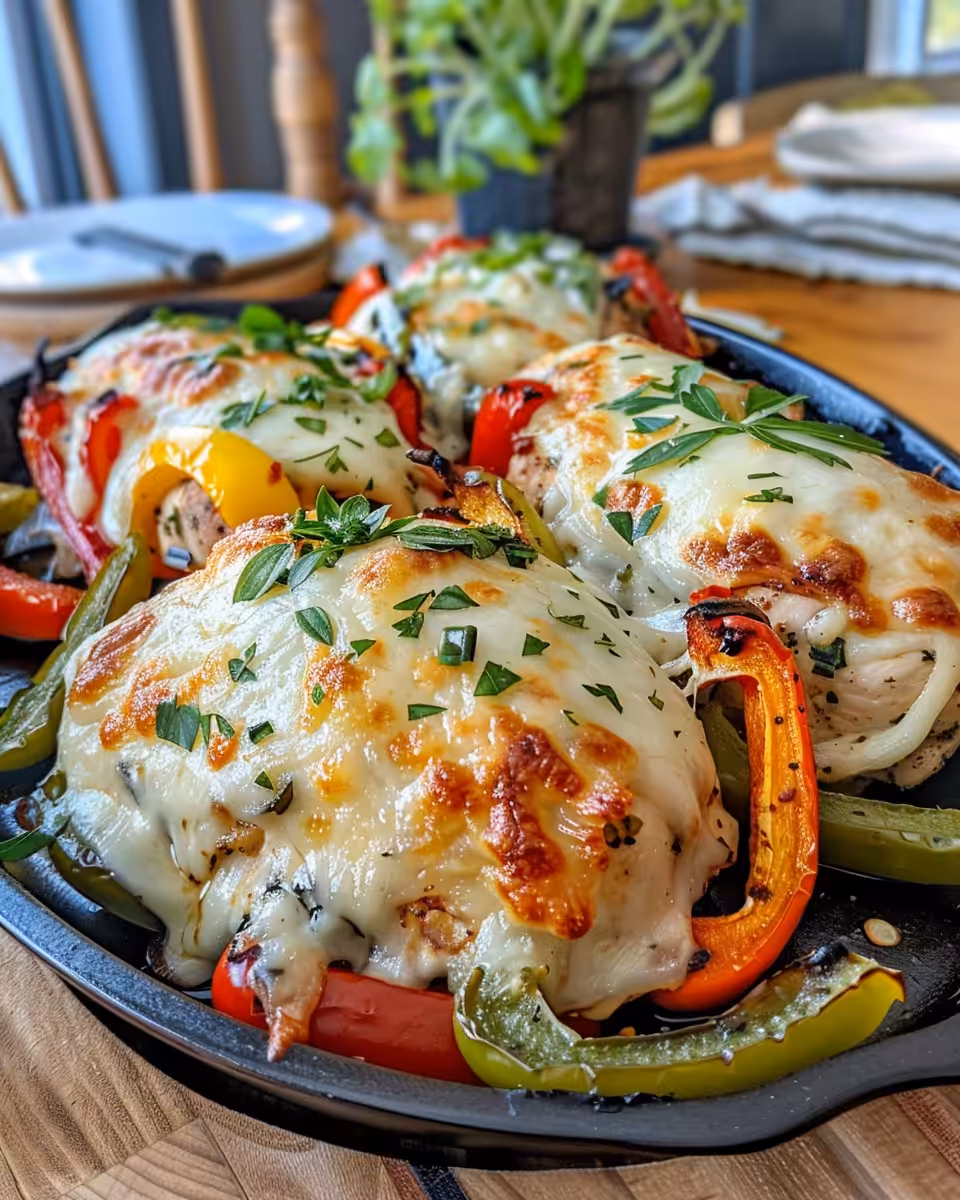 Cheesy baked chicken breast and colorful peppers fresh out of the pressure cooker