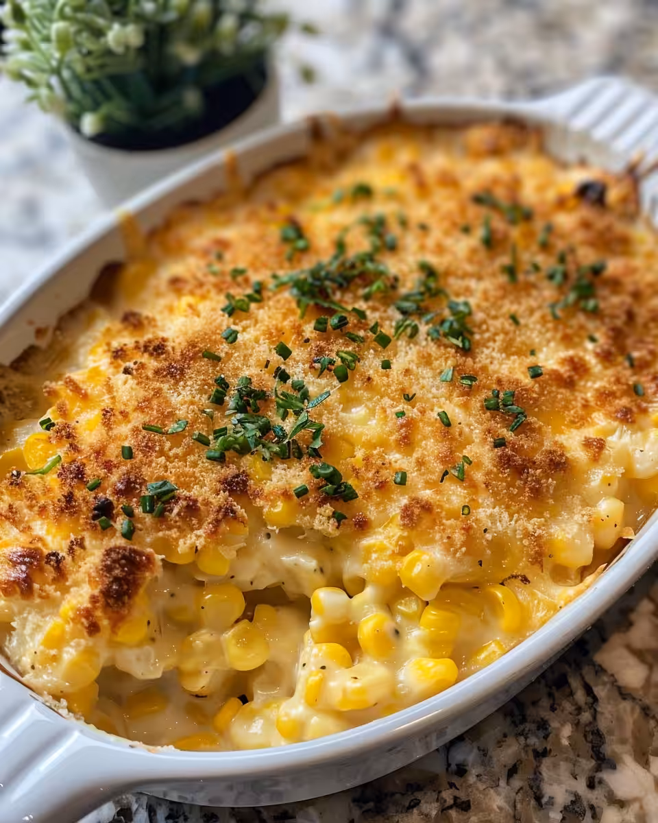 Final golden browned creamed corn au gratin in serving dish ready to enjoy