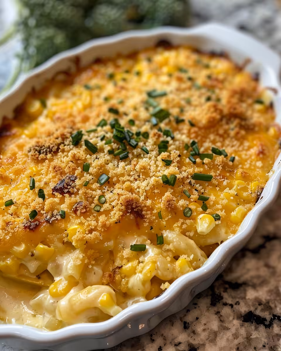 Golden creamed corn au gratin just out of the pressure cooker with bubbling cheese topping