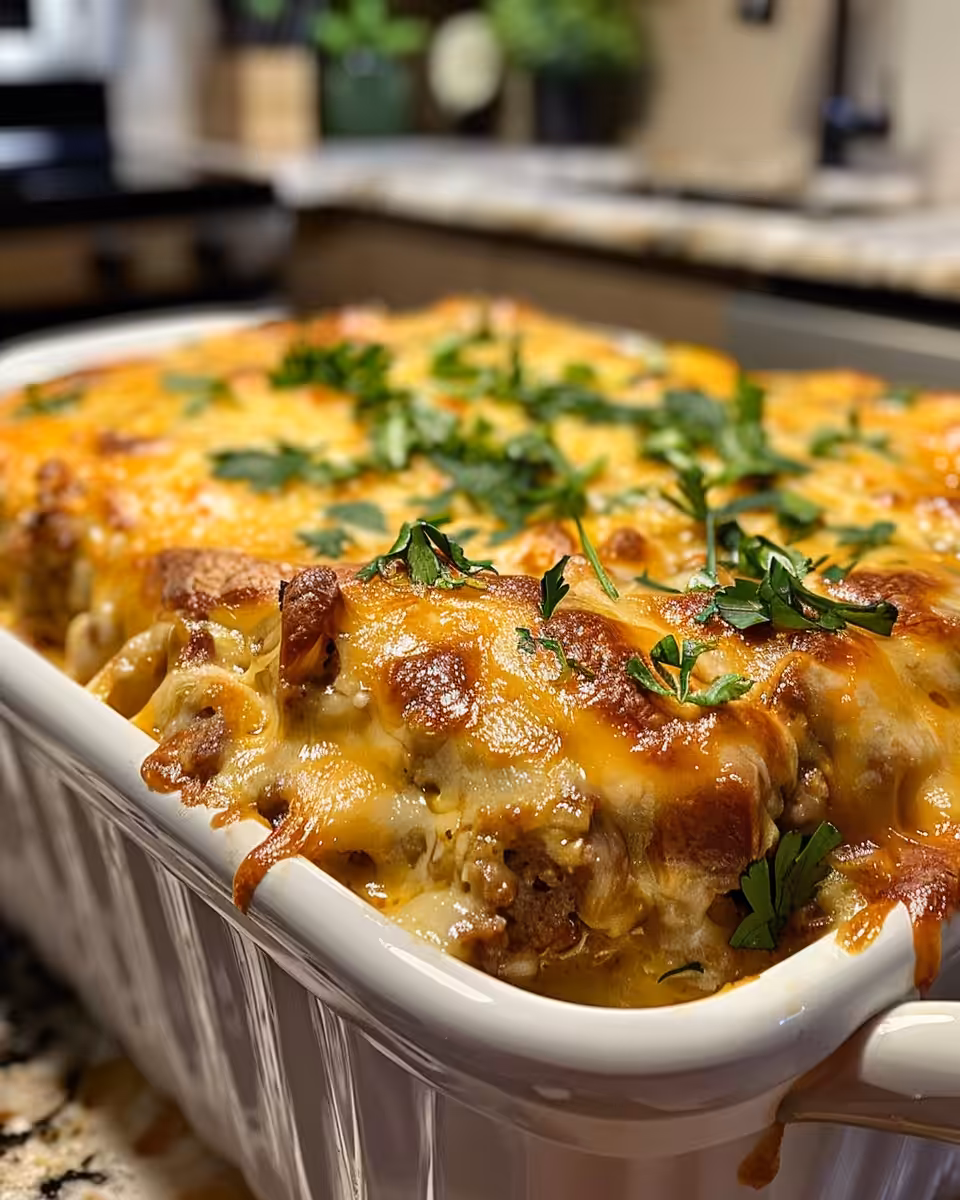 Final cheesy loaded meatloaf casserole with golden cheese and bacon on top