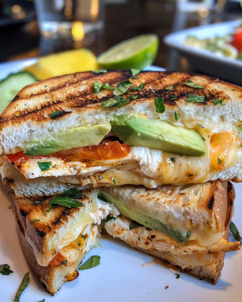 Final assembly of chicken avocado melt with avocado, pepperjack cheese, and jalapenos on toasted ciabatta