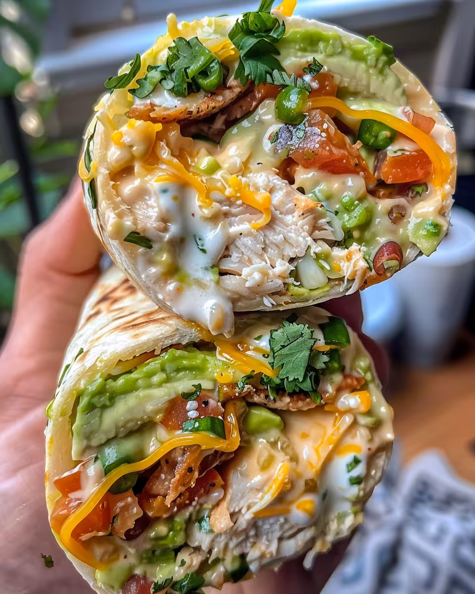 Plated chicken avocado ranch burrito, ready to eat with a fresh and warm look