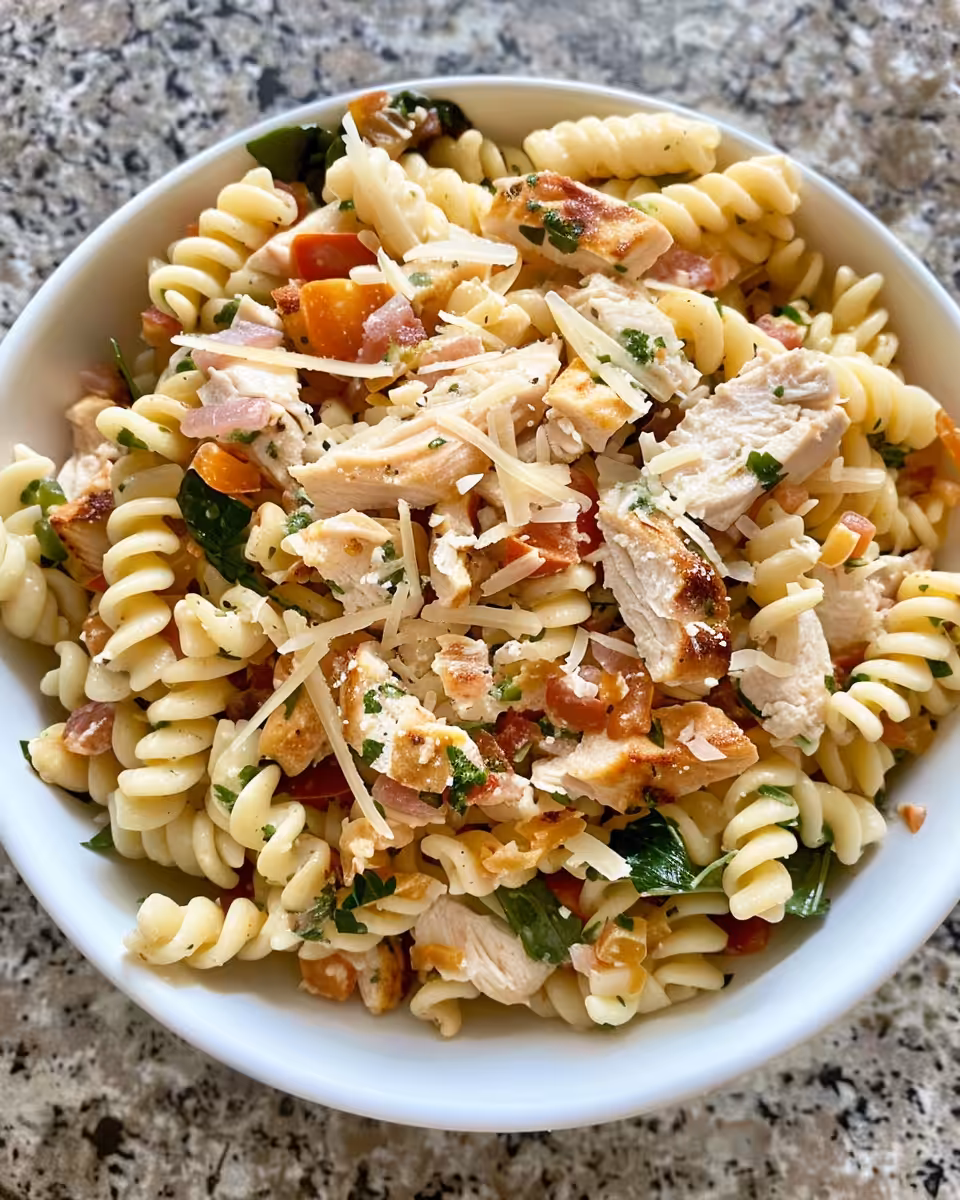 Ingredients for chicken club pasta salad arranged on kitchen countertop