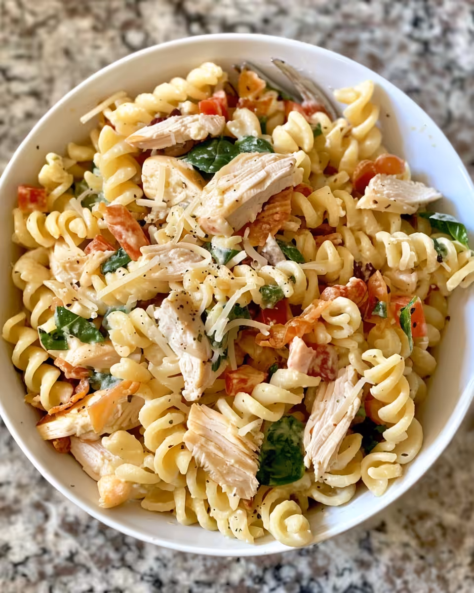 Served chicken club pasta salad with garnish on plate