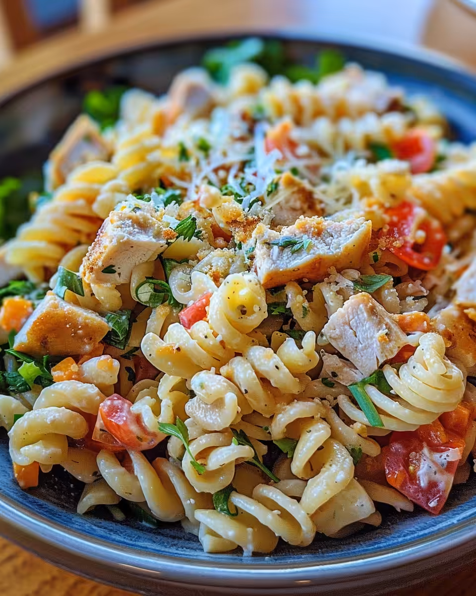 Pressure cooker cooking chicken club pasta salad with bacon and fresh ingredients