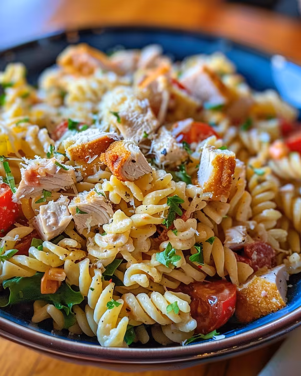 Ingredients for chicken club pasta salad tossed in bowl