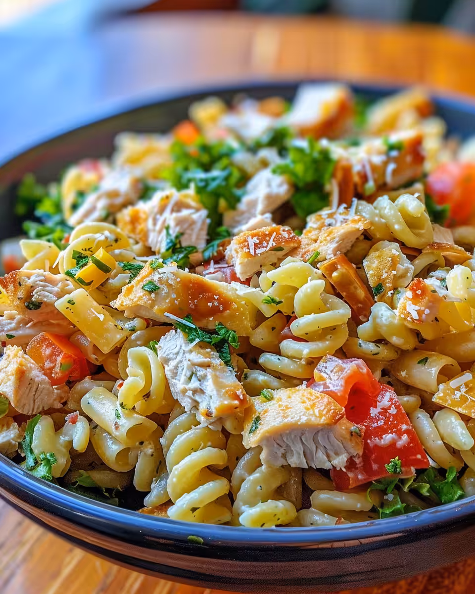 Served chicken club pasta salad with avocado slices and black pepper garnish