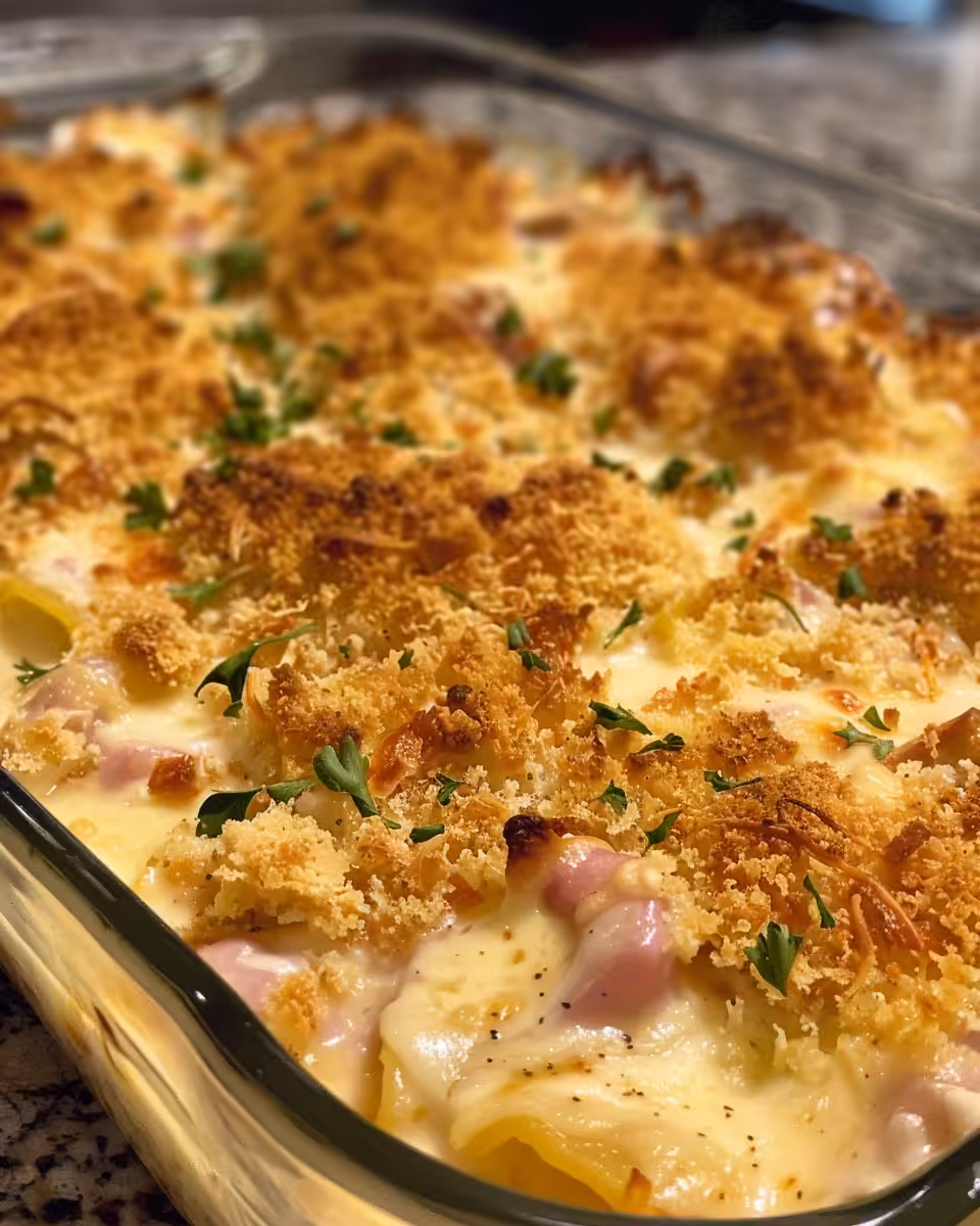 Making creamy sauce for chicken cordon bleu casserole with garlic and flour roux