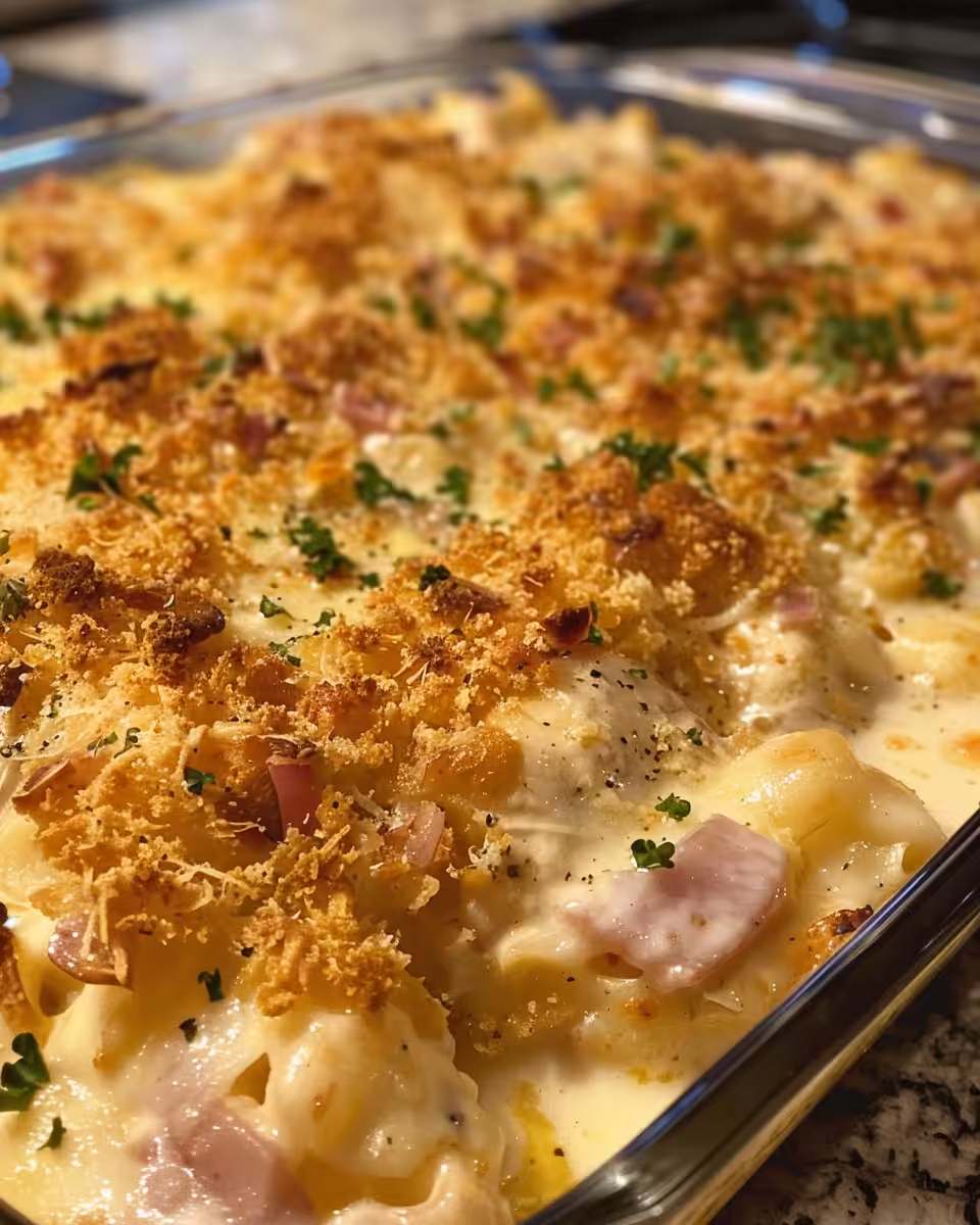 Serving of chicken cordon bleu casserole with golden crispy top ready to eat