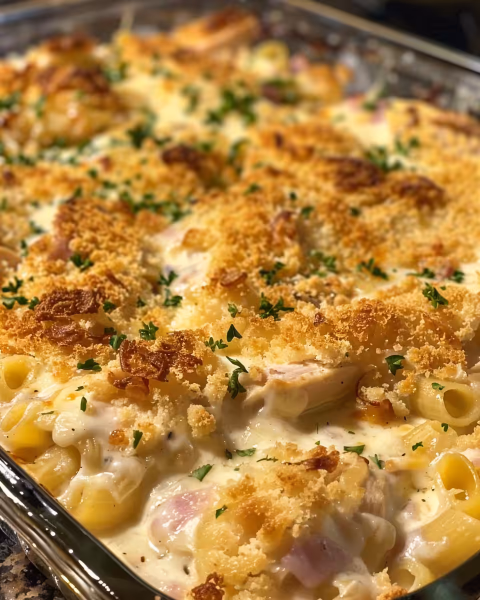 Steam rising from chicken cordon bleu casserole in pressure cooker