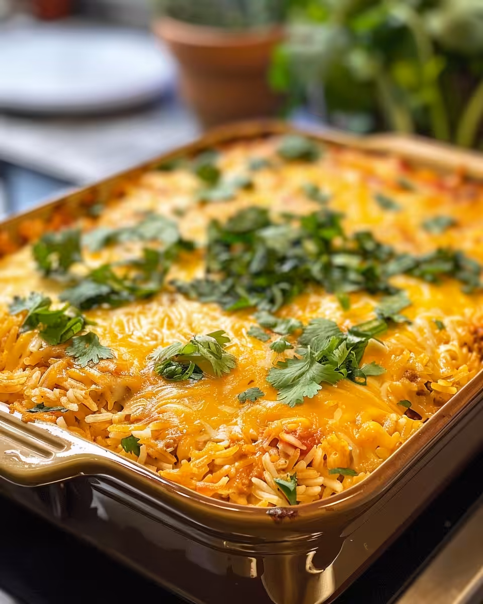 Final plated chicken enchilada rice casserole on the table ready to be enjoyed