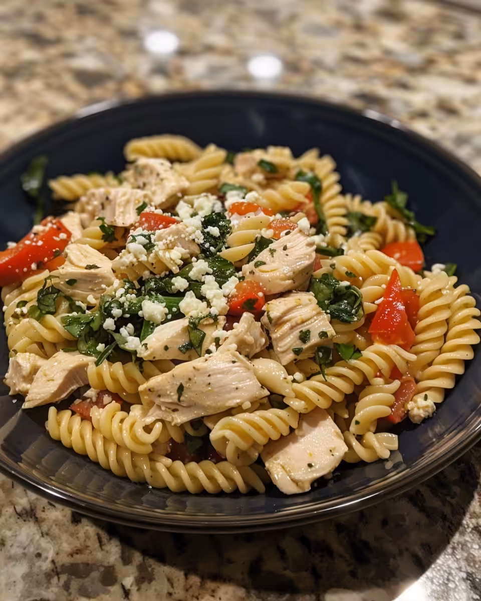 Ingredients for chicken feta Greek pasta with farfalle, tomatoes and feta cheese