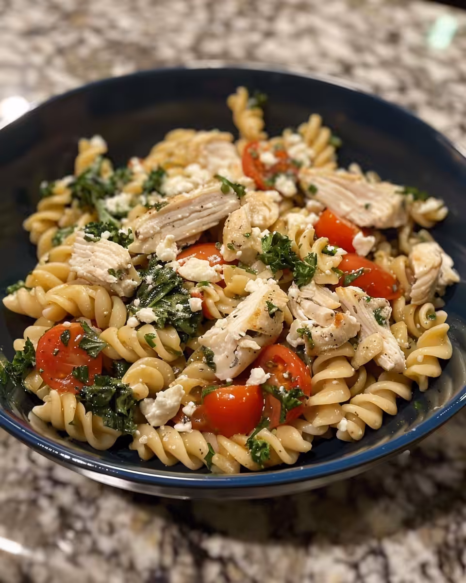 Golden cooked chicken with seared farfalle pasta and grape tomatoes in skillet