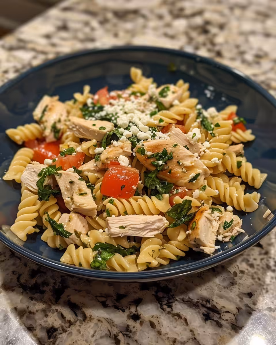 Pressure cooker chicken feta Greek pasta in pot with steam