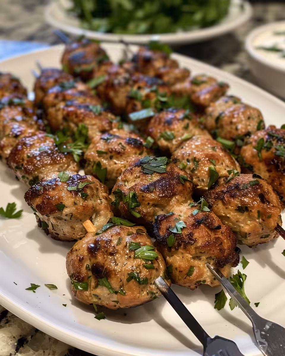 Final plated chicken kofta kebabs with garlicky yogurt sauce