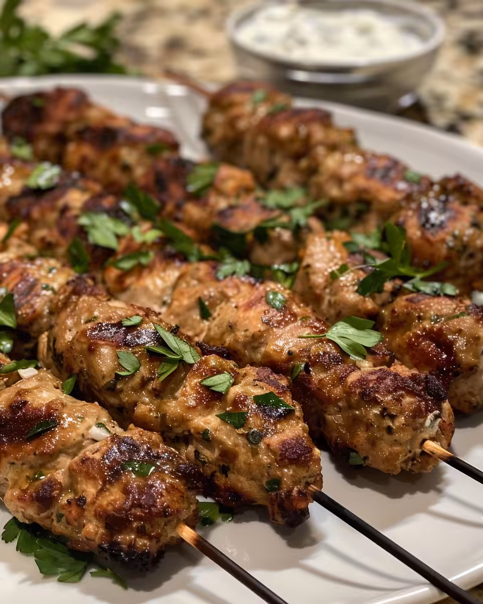 Juicy chicken kofta kebabs cooking with garlic and spices