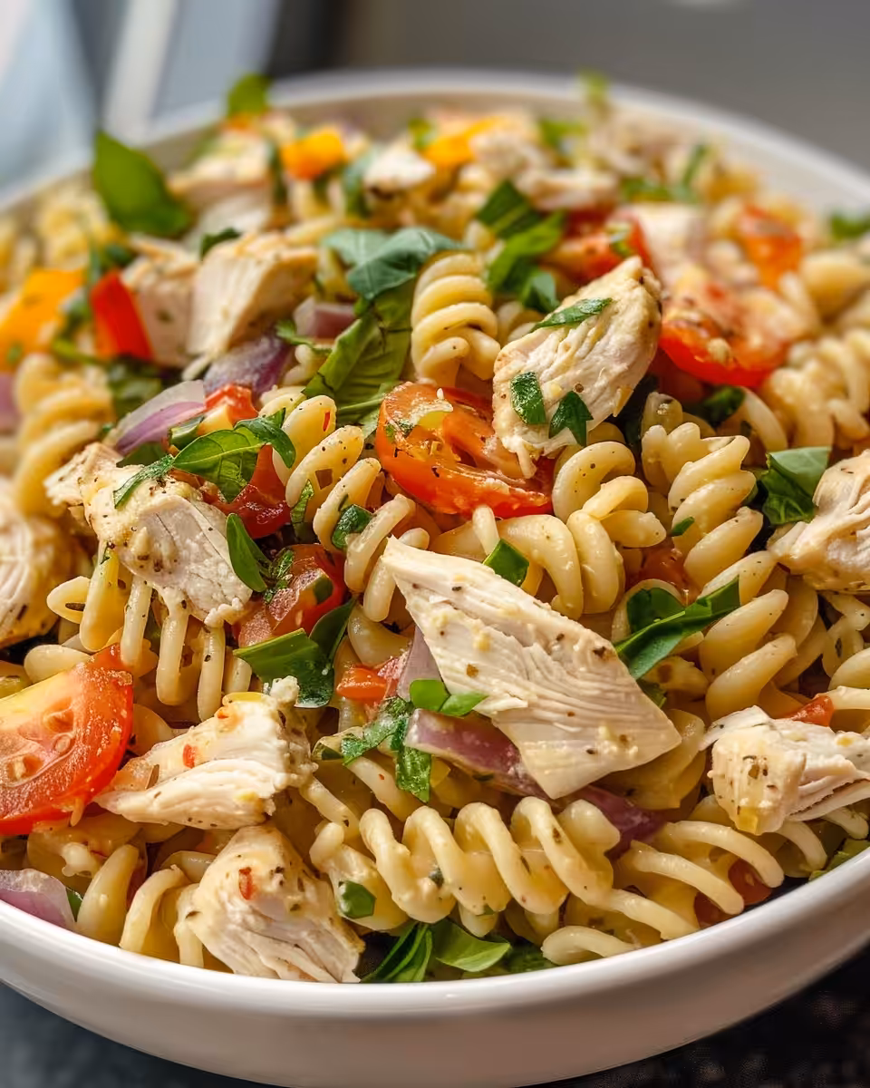 Ingredients for chicken pasta salad chopped and ready to mix