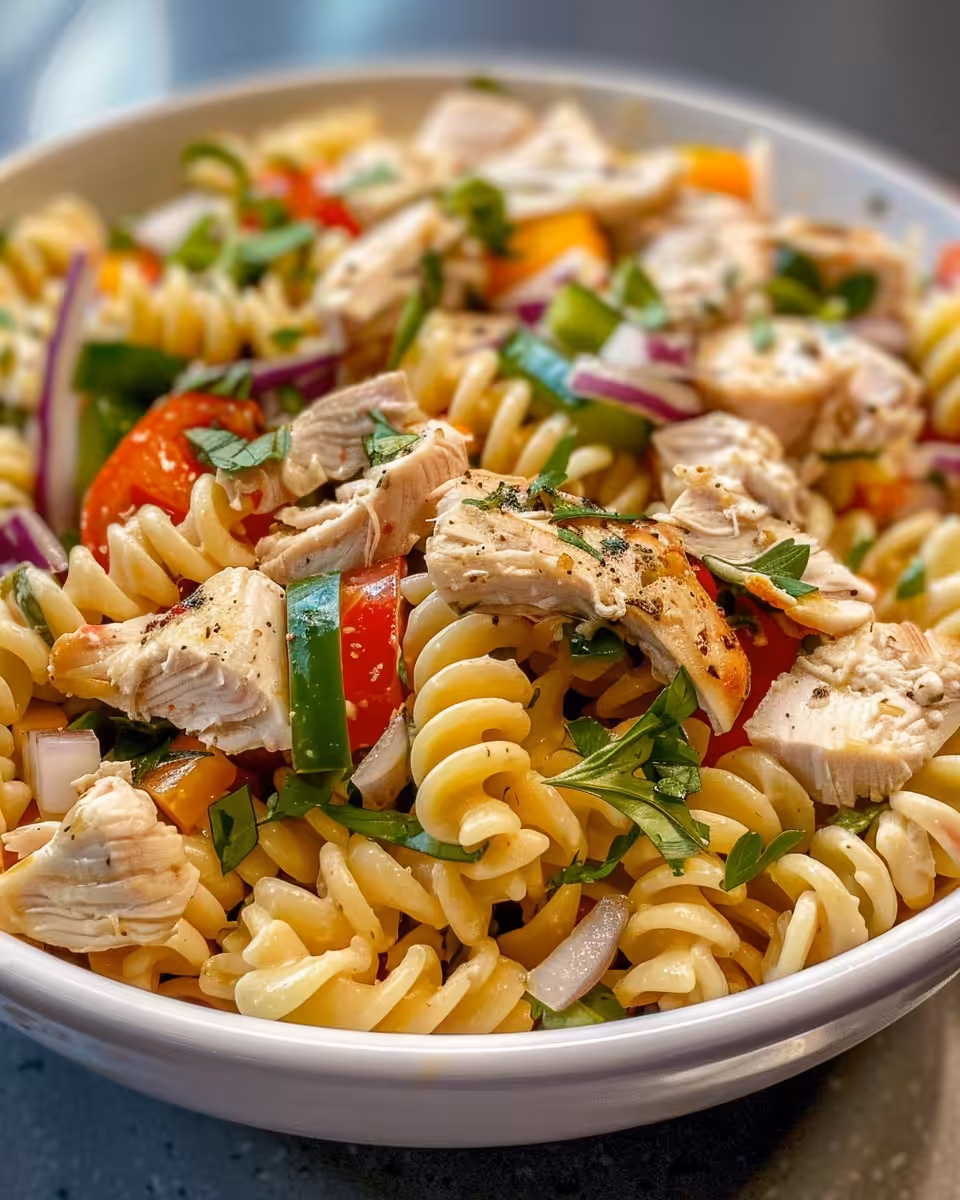 Final plated chicken pasta salad with fresh herbs and eggs