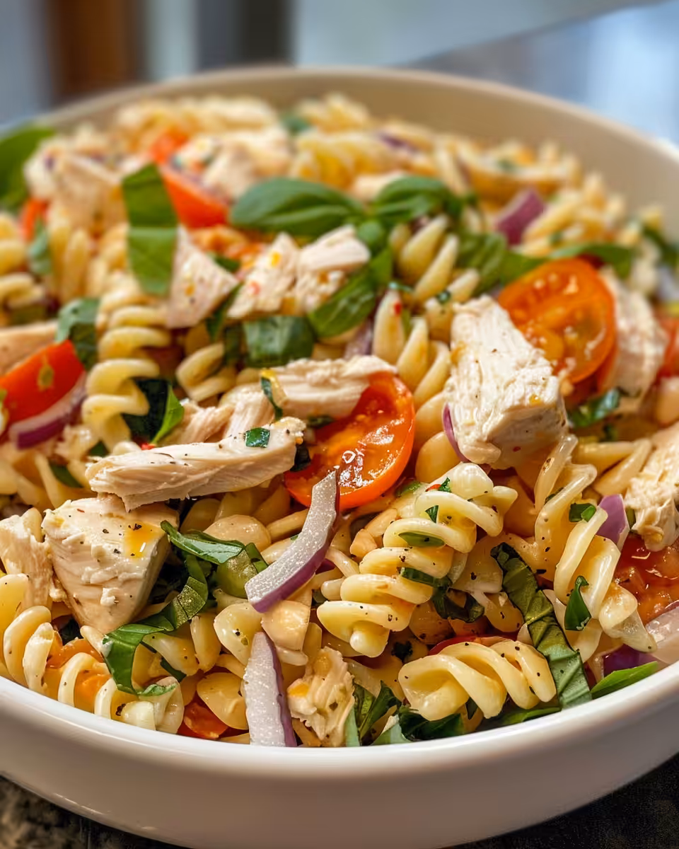 Close up of pressure cooker chicken pasta salad with creamy mayo dressing