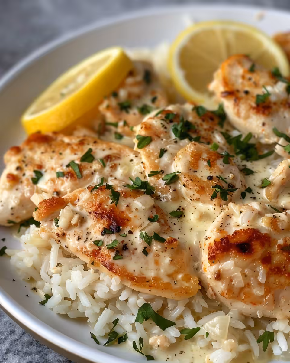 Final plated chicken scampi with creamy garlic parmesan rice