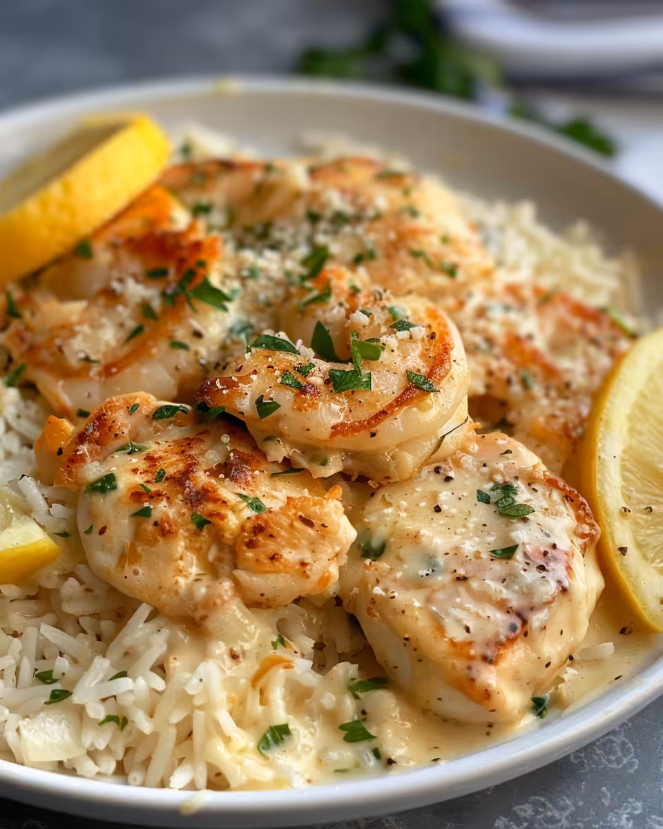 Tender chicken scampi with creamy garlic parmesan rice fresh from pressure cooker